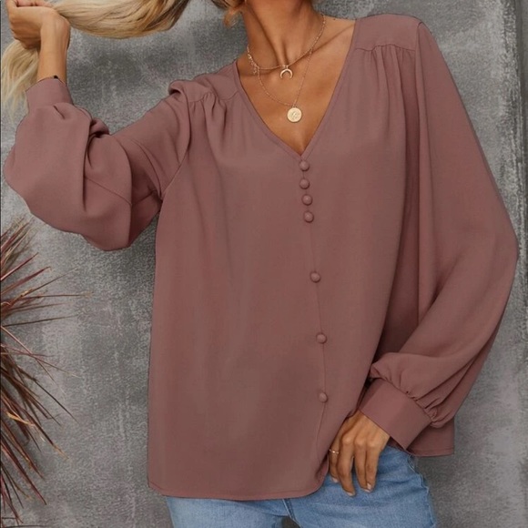 Boho dusty pink V neck button detail blouse - Picture 13 of 15